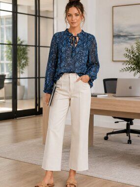 SEA New York Positano Ocean Pintuck Floral Metallic Peasant Blouse Top L